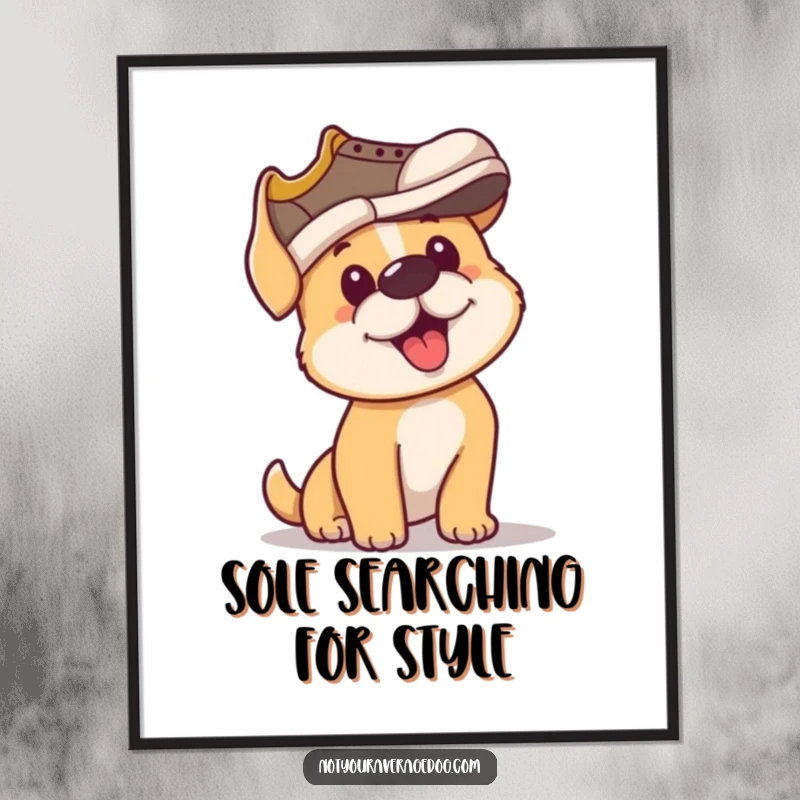 Funny Free Printable Wall Art: A dog looks determined wearing a shoe on its head like a hat, pure comedy.