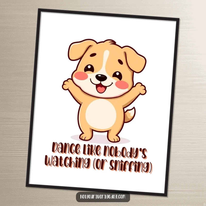Funny Free Printable Wall Art: A happy dog character with a very wiggly body, busting out some silly dance moves.