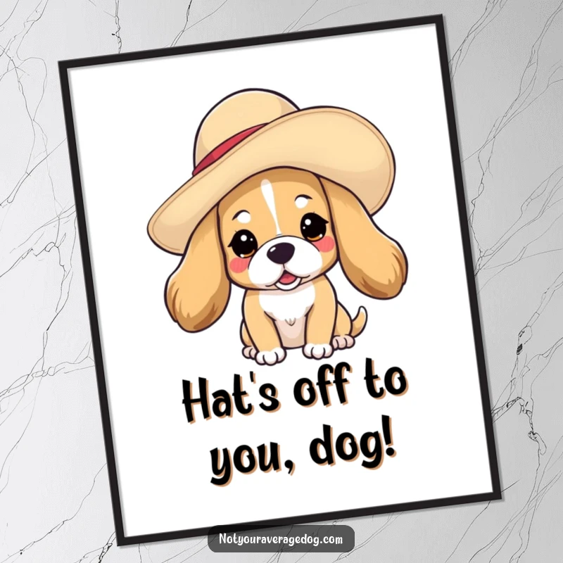 Funny Free Printable wall art: a charming dog wearing a large, floppy hat tilted whimsically on its head, a fashionable statement.