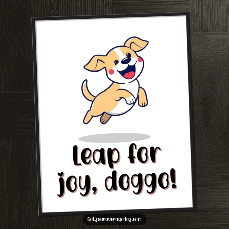 Funny Free Printable wall art: a stylized dog silhouette captured mid-clumsy, excited jump, full of life and energy.