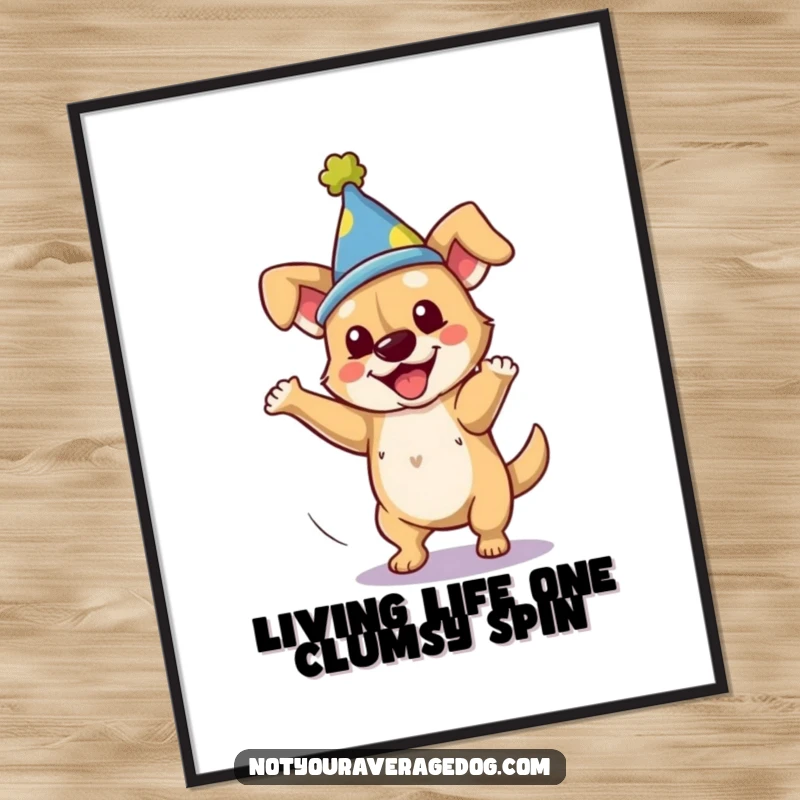 Funny Free Printable wall art, a charming dog wearing a silly hat, caught mid-clumsy spin, art decor.