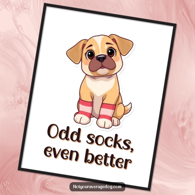 Funny Free Printable wall art of a bewildered puppy wearing oversized, mismatched socks, looking utterly confused and absolutely adorable.