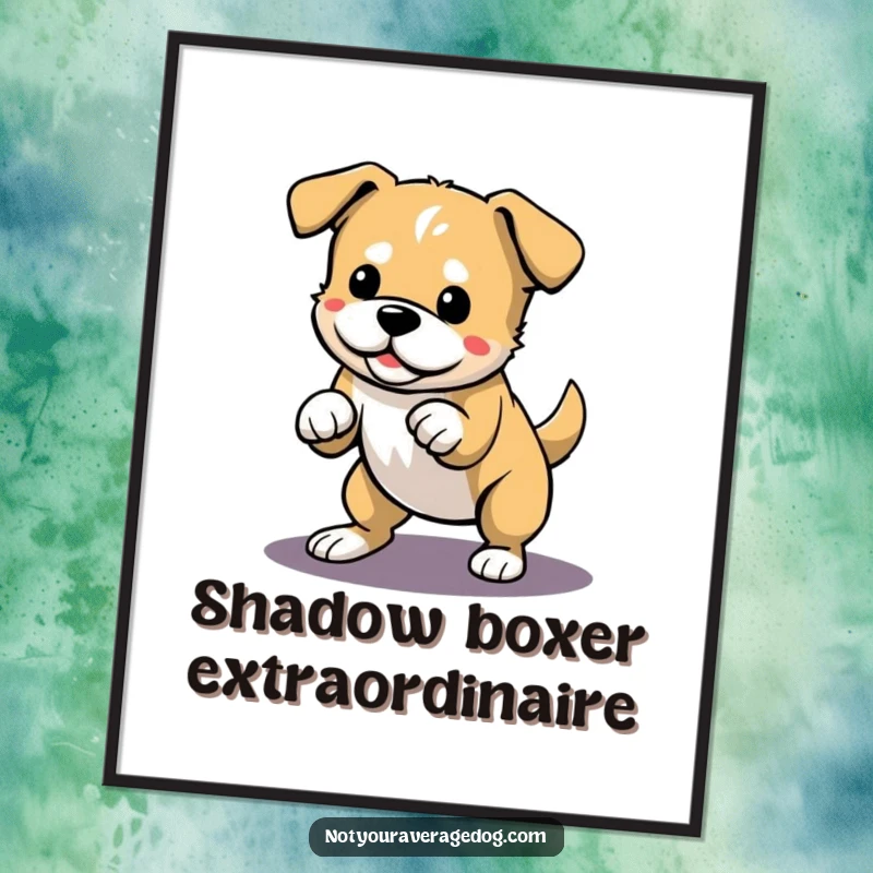 Funny Free Printable Wall Art: A dog caught mid-leap, playfully pouncing on its own dynamic shadow.