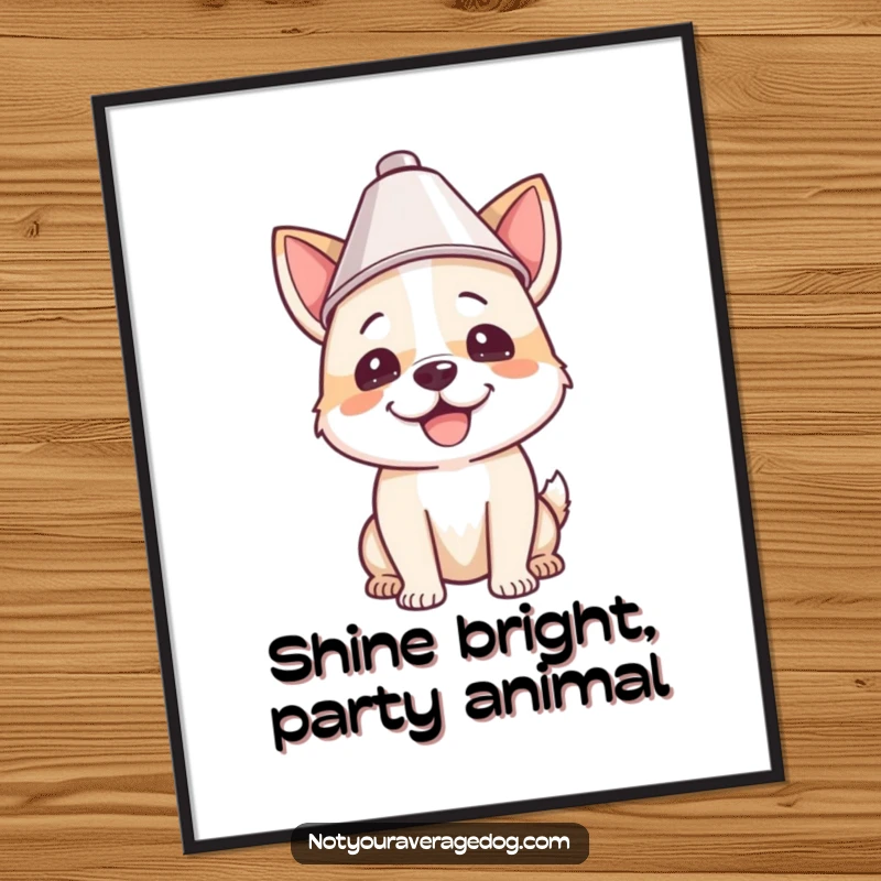 Funny Free Printable Wall Art: A dog looking delighted with a lampshade perched jauntily on its head, exuding party spirit.