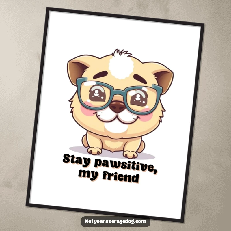Funny Free Printable Wall Art: A silly dog character sports oversized glasses and a crooked grin, radiating intelligent humor.