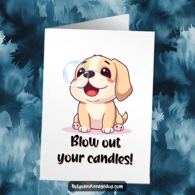 Funny Free Printable Birthday Card with a happy dog playfully trying to catch a floating soap bubble with its nose. Hilarious downloadable gift.