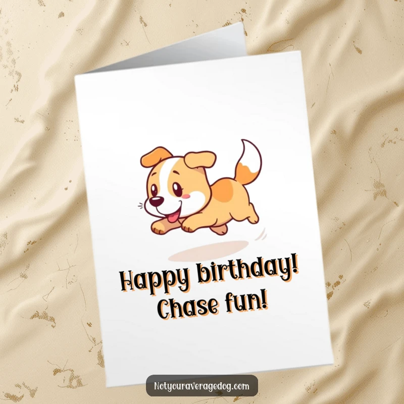 Funny Free Printable Birthday Card: A dog in a comical, dizzy spin chasing its tail, embodying pure, energetic fun.