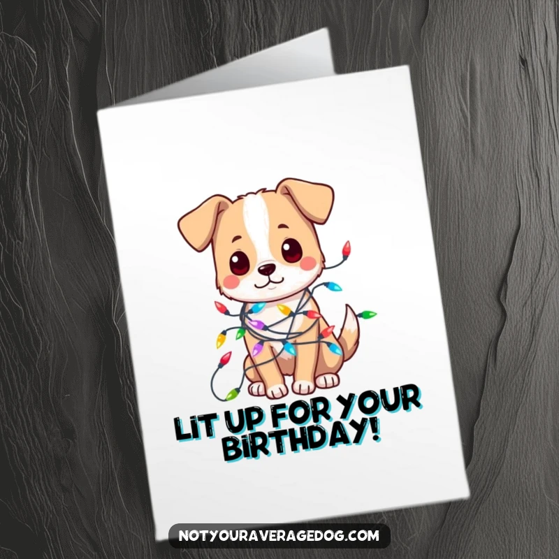 Funny Free Printable Birthday Card: A cute dog is playfully tangled in colorful festive lights.