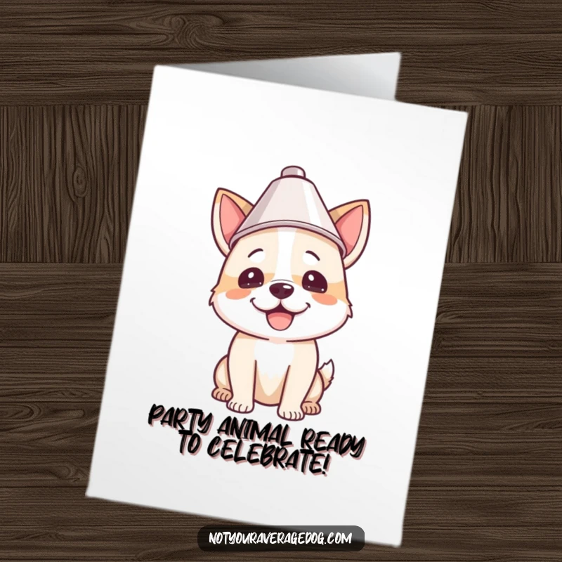 Funny Free Printable Birthday Card: A happy dog wearing a lampshade like a party hat, ready to celebrate.