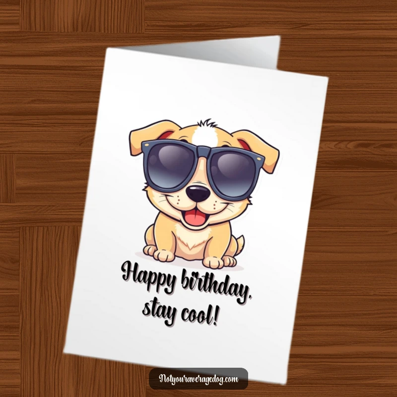 Funny Free Printable Birthday Card: A dog wears giant goofy sunglasses and has a wide, lop-sided grin.