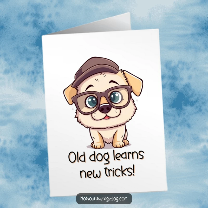 Funny Free Printable Birthday Card featuring a silly dog character in oversized glasses and a comically crooked hat.