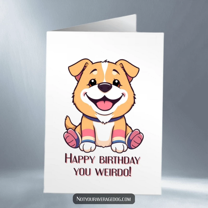 Funny Free Printable Birthday Card: A dog with a big silly grin wearing delightfully mismatched socks, ready for a party.
