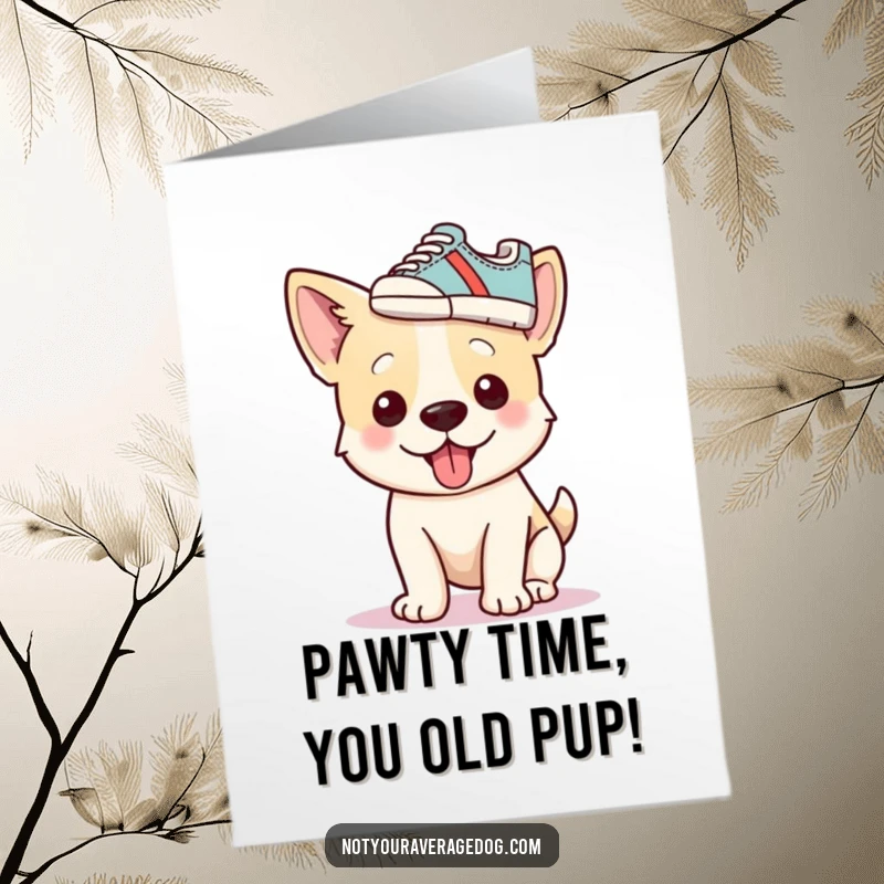 Funny Free Printable Birthday Card of a silly dog wearing a tiny shoe as a hat, celebrating with humor.