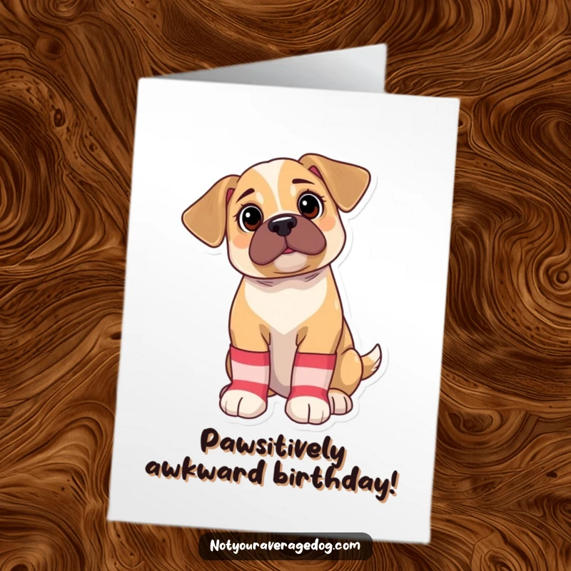 Funny Free Printable birthday card featuring a bewildered puppy wearing comically oversized, mismatched socks, perfect for a birthday chuckle.