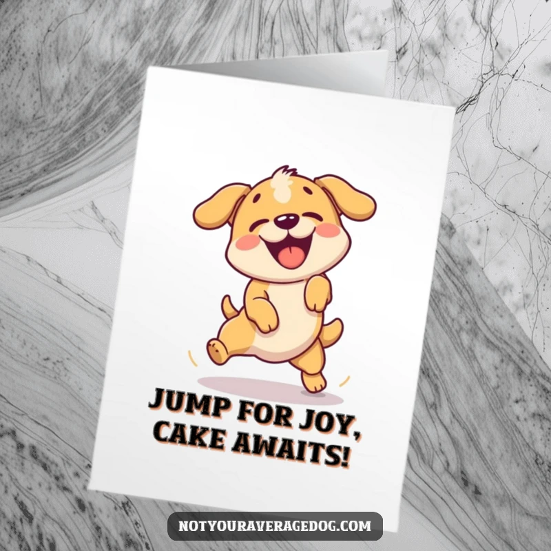 Funny Free Printable Birthday Card: A dog comically leaping and failing to clear a tiny jump, looking surprised.