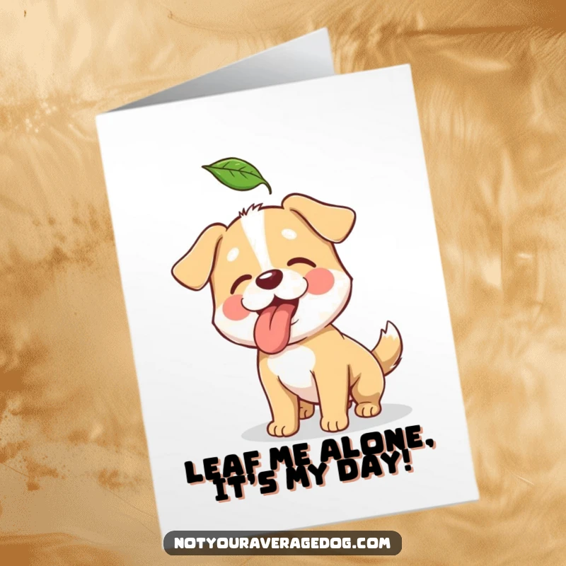 Funny Free Printable Birthday Card: A clumsy dog leaping to catch a falling autumn leaf with its tongue out.