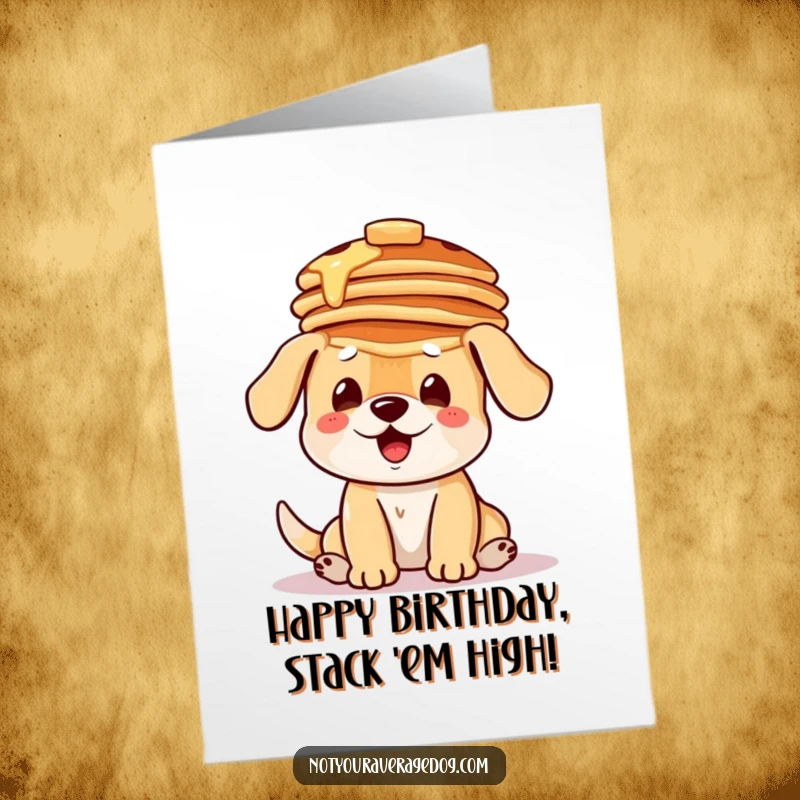 Funny Free Printable Birthday Card: A dog tries to balance a tall stack of pancakes on its head.