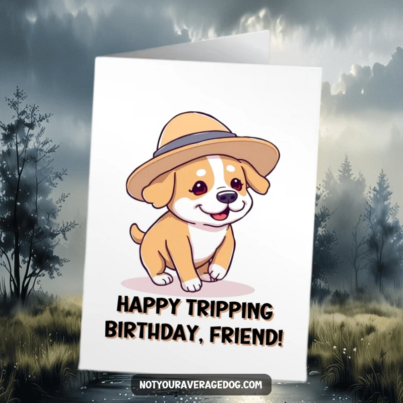 Funny Free Printable Birthday Card: A dog tripping over its paws while wearing a comically oversized, floppy hat.