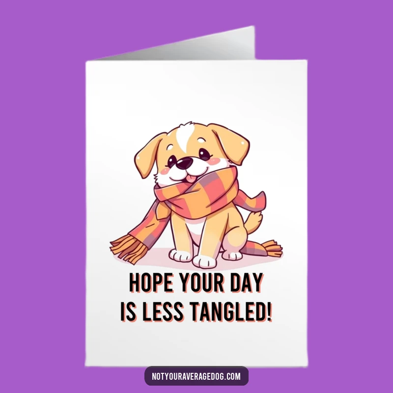 Free Printable Birthday Card: Scarf-Tangled Dog, Funny Canine Birthday Surprise, Downloadable Gift