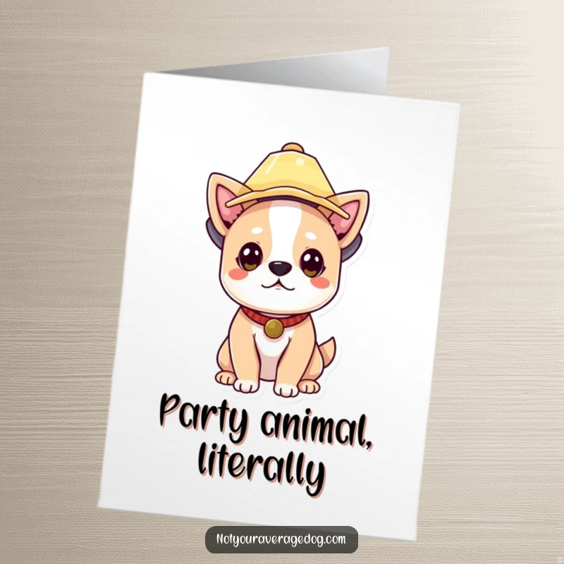 Funny Free Printable Birthday Card: A happy dog wearing a lampshade as a hat, ready to party.
