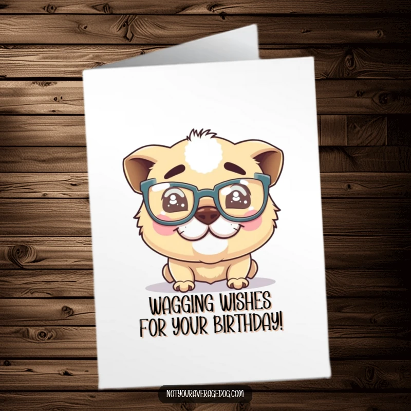 Funny Free Printable Birthday Card: A silly dog character wearing oversized glasses grins crookedly, ready to celebrate your special day.