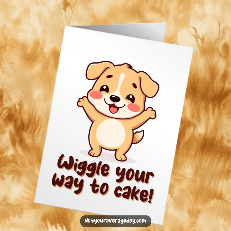 Funny Free Printable Birthday Card: A cartoon dog with a comically wiggly body, joyfully dancing and shaking its tail.