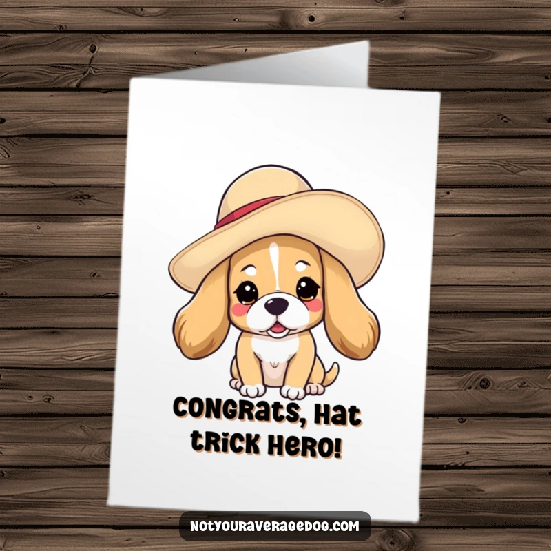 Funny Free Printable congratulations card: a dog wearing a large, floppy hat, tilted playfully on its head, celebrating an event.