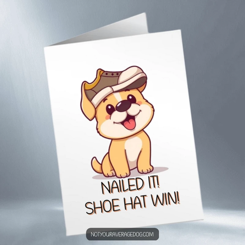 Funny Free Printable Congrats Card: A dog shows immense determination wearing a shoe as a hat, celebrating a win.