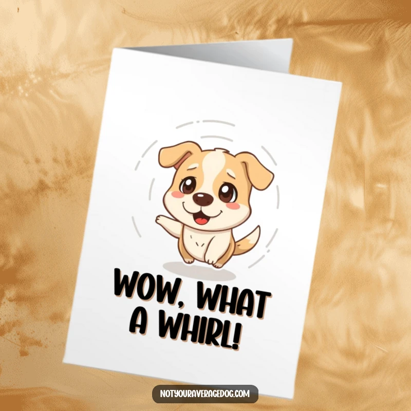 Funny Free Printable Congratulations Card with a dazed dog spinning, celebrating a win. Unique downloadable gift for achievers.