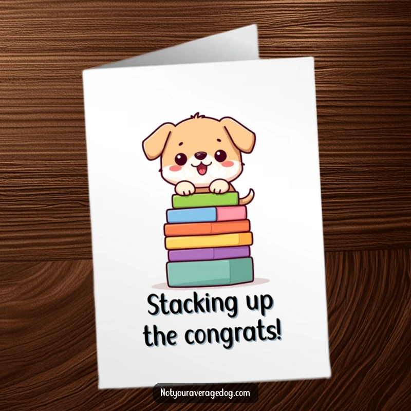 Funny Free Printable Congrats Card: Dog balancing a tall stack of colorful blocks, a humorous congratulations scene.