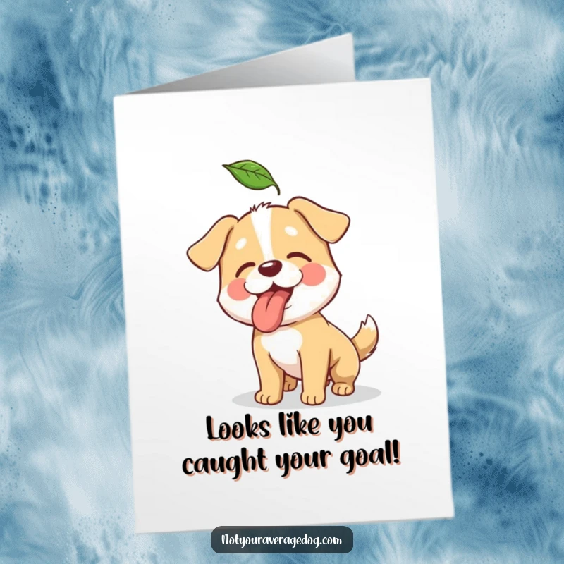 Free Printable Congratulations Card: A silly dog with its tongue out, mid-air, trying to catch a falling leaf.