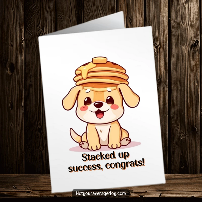 Funny Free Printable Congratulations card: A dog balances a stack of pancakes on its head, celebrating success.