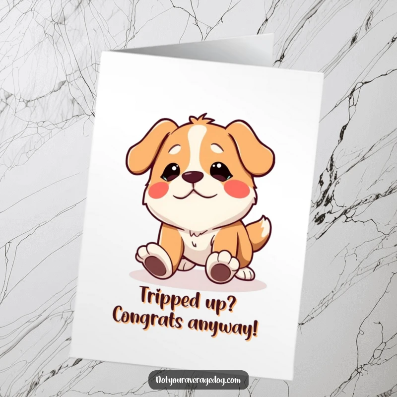 Funny Free Printable Congrats Card: Dog tripping with a comical expression, a humorous and charming way to send congrats.