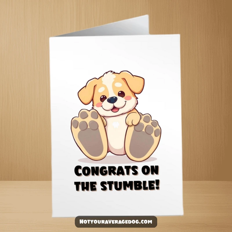 Funny Free Printable Congrats Card showing a clumsy dog hilariously tripping over its big paws.