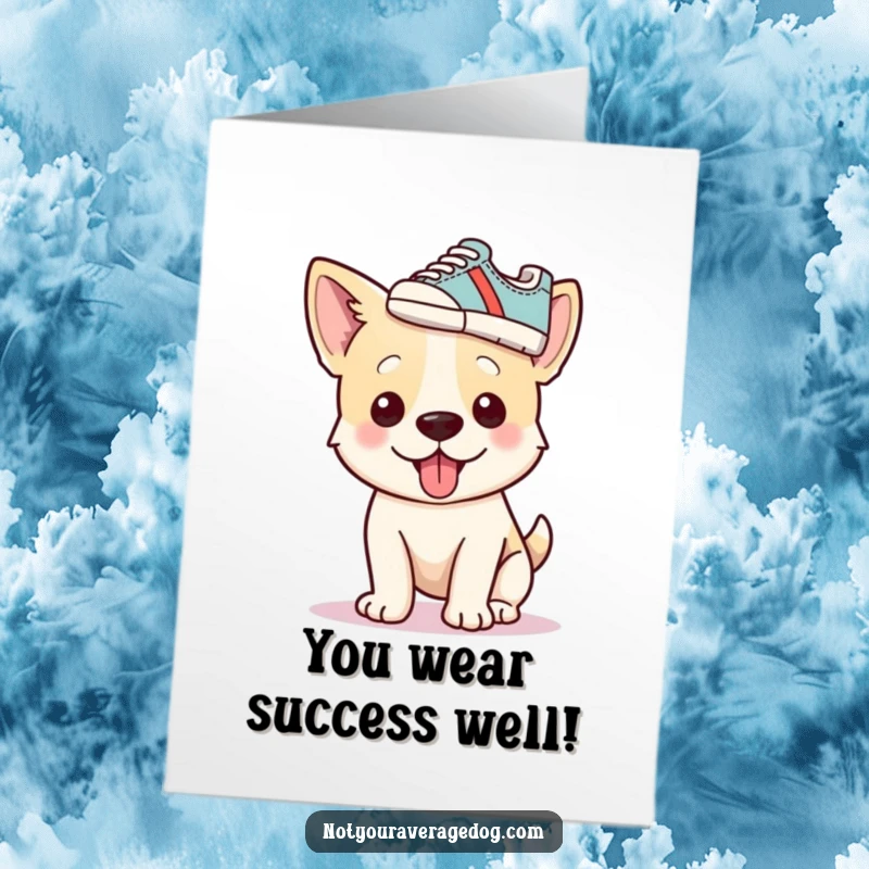 Funny Free Printable Congratulations Card featuring a silly dog sporting a shoe as a hat, full of comical celebration.