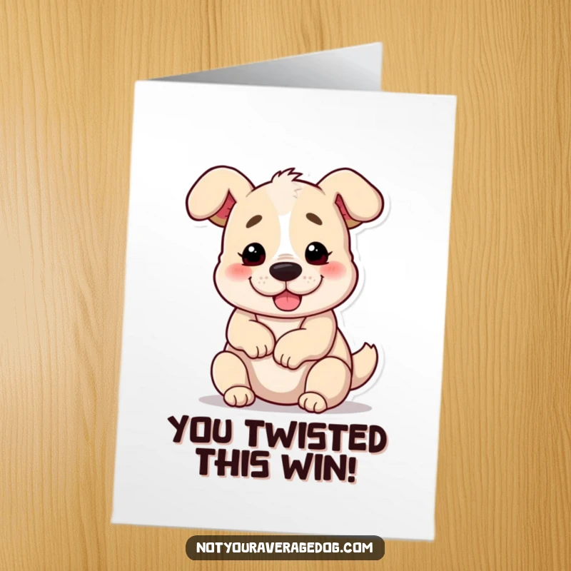 Funny Free Printable Congratulations Card featuring a silly dog contorted into a hilarious pretzel shape, celebrating success.