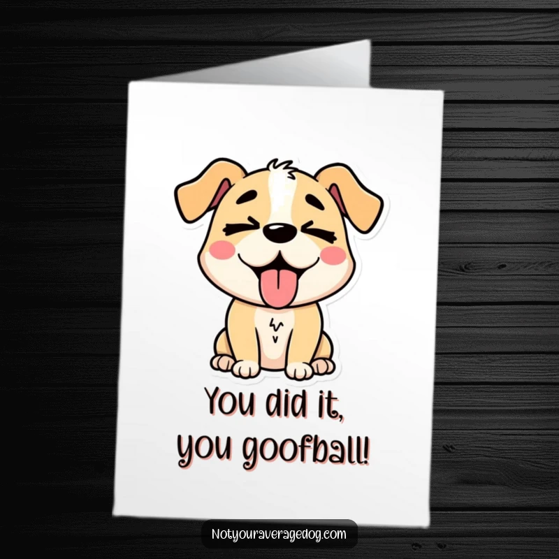 Funny Free Printable Congratulations Card: A stylized dog with crossed eyes and tongue hanging, celebrating success comically.