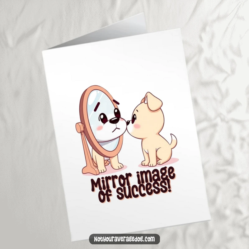 Funny Free Printable Congrats Card: A dog looks baffled at its reflection, unsure if it's celebrating or just confused.
