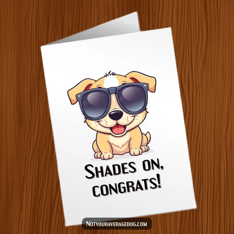 Funny Free Printable Congratulations card: A dog sporting giant goofy sunglasses and a wide, lop-sided grin.
