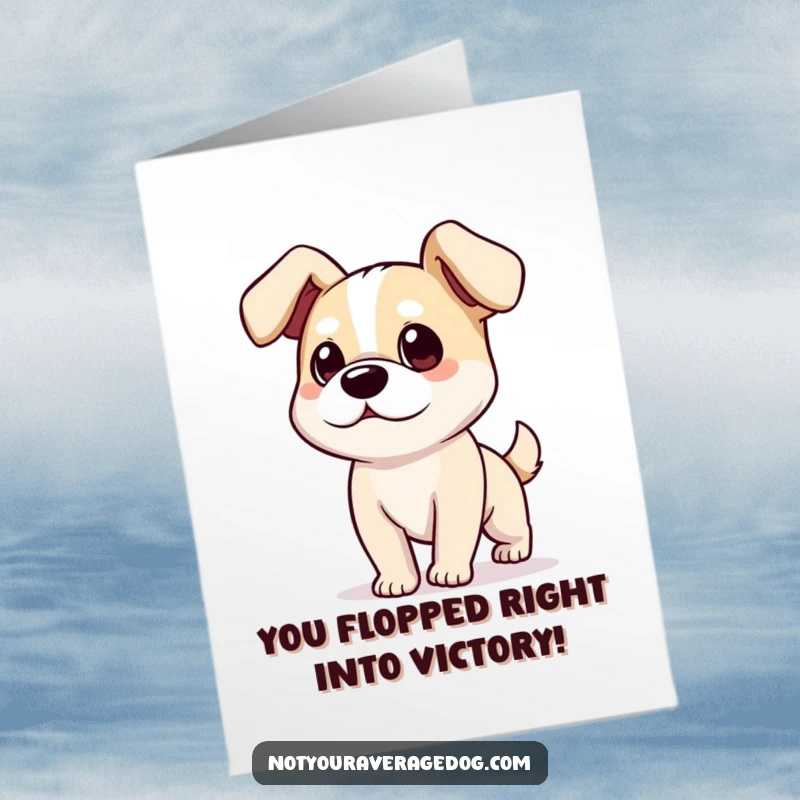 Funny Free Printable Congratulations Card featuring a silly dog with oversized, flopping ears bumbling along joyfully.