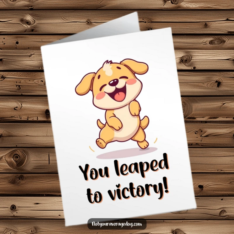 Free Printable Congratulations Card: A dog enthusiastically attempting a jump but comically missing it, face full of surprise.