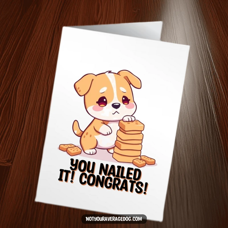 Funny Free Printable congratulations card, a dog looking confused while balancing a wobbly stack of dog treats.