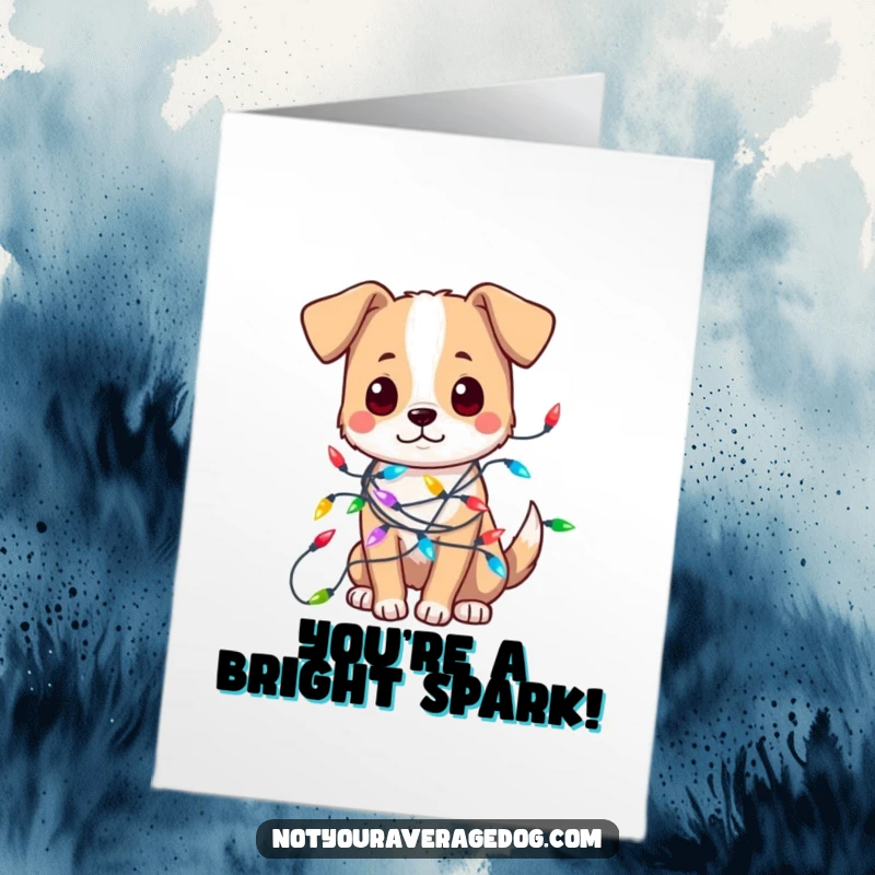 Funny Free Printable Congratulations card: A dog tangled in colorful festive lights, adding sparkle to a celebration.