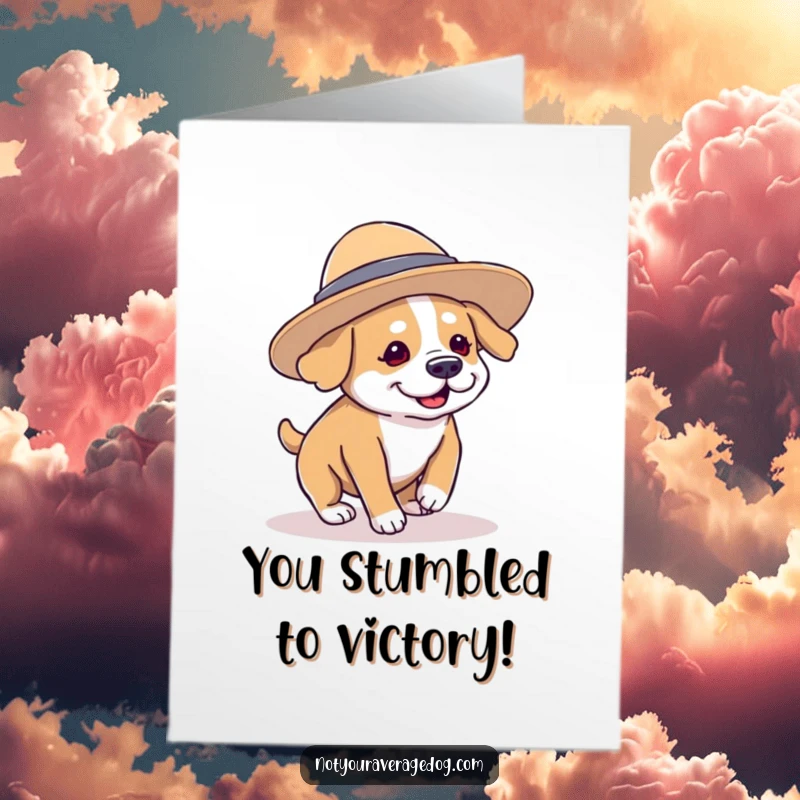 Funny Free Printable Congratulations Card: A dog in a huge hat falling over its paws, celebrating an achievement.