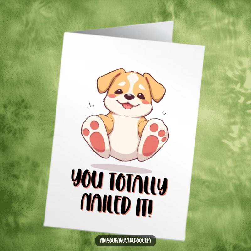 Funny Free Printable Congratulations Card showing a clumsy dog triumphantly bouncing back up after tripping. Great downloadable gift.