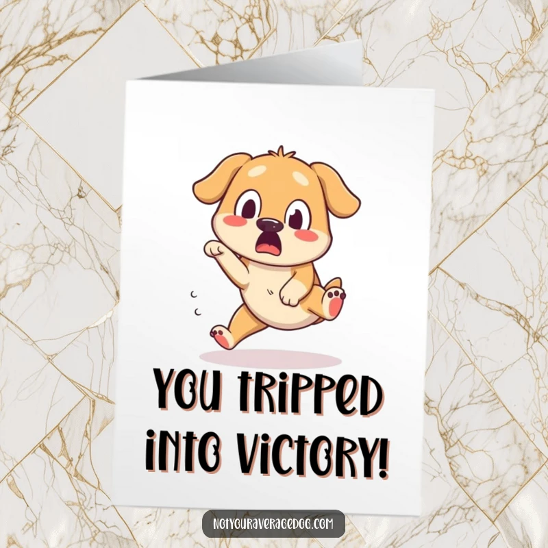 Funny Free Printable Congrats Card: A dog takes a surprised tumble, celebrating success with a comical stumble.