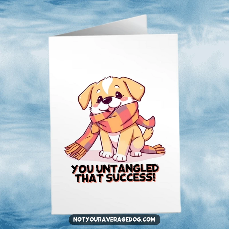 Funny Free Printable Congratulations Card: A dog looking bewildered, playfully tangled in a very long, rainbow-colored scarf.