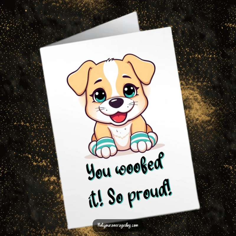 Funny Free Printable Congratulations Card: A happy dog with a silly grin, sporting mismatched socks on its paws.