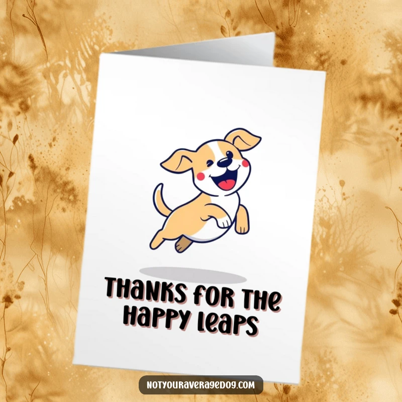 Funny Free Printable thank you card: a dog silhouette captured mid-air in a clumsy, excited jump, expressing thanks.