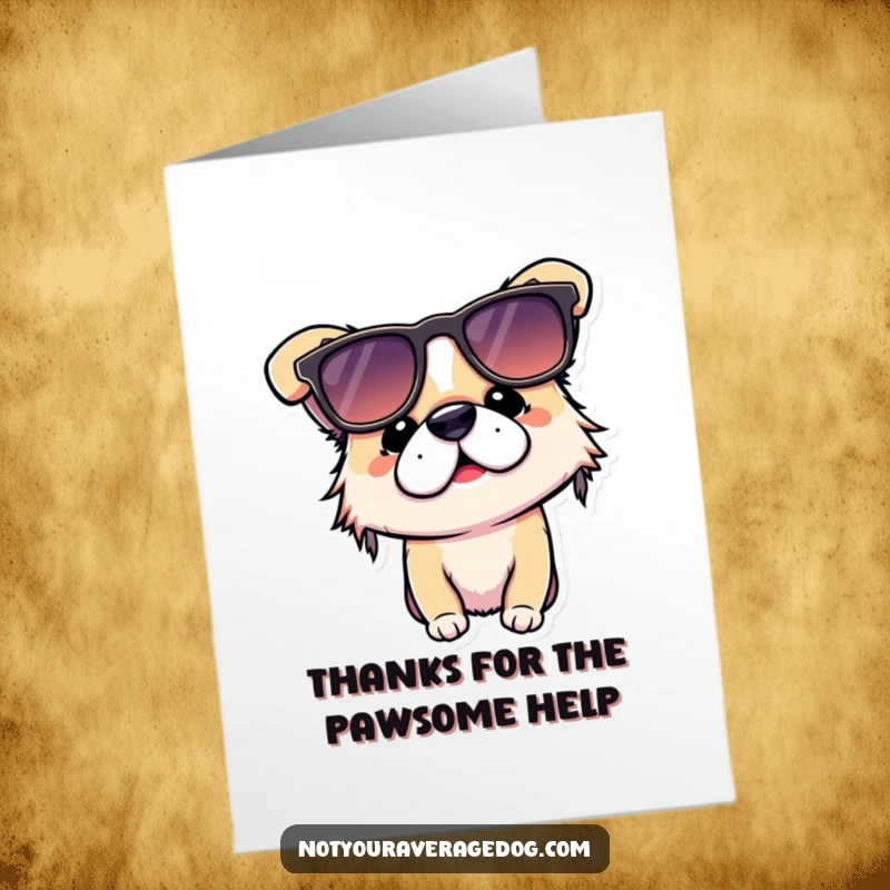Funny Free Printable Thank You Card: A playful dog attempts to wear sunglasses upside down, looking endearingly silly.